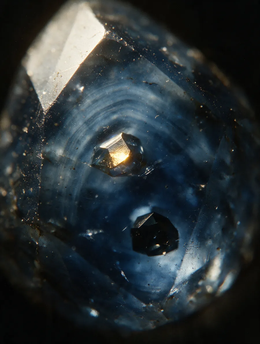 A small guest crystal suspended inside a natural blue sapphire, caught mid-growth.