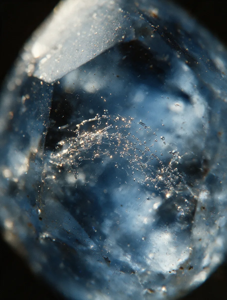 A healed fracture inside a natural sapphire: a wispy veil of tiny droplets glinting under the key light.