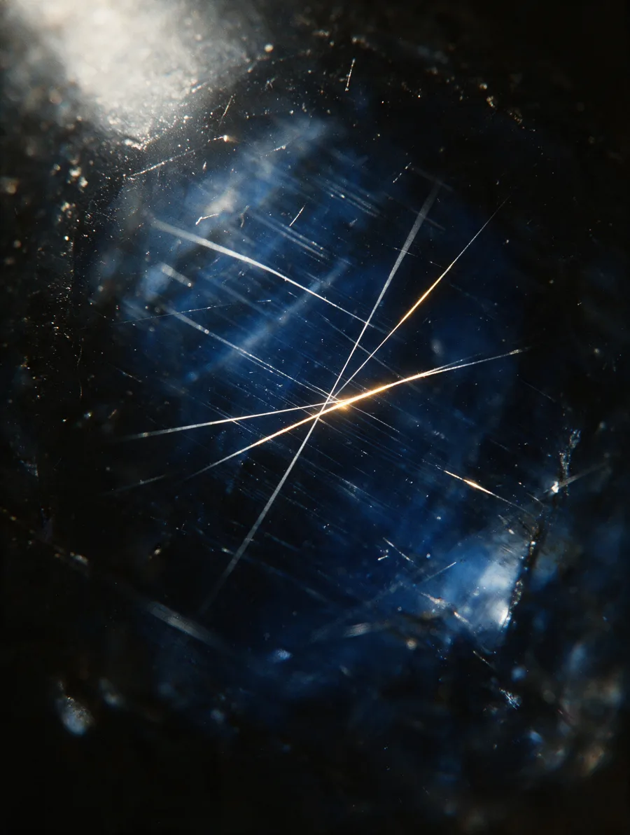 Fine rutile silk needles crossing the blue interior of a natural sapphire under magnification.