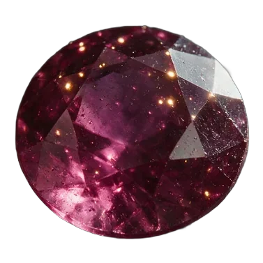A raspberry-red rhodolite garnet, round brilliant.