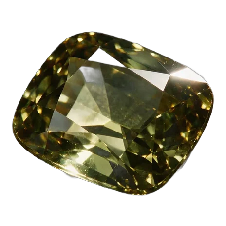 A golden-green chrysoberyl, cushion cut.